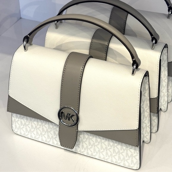 Michael Kors Greenwich Medium Color-Block Logo Satchel Bag Optic White Multi - Picture 4 of 9